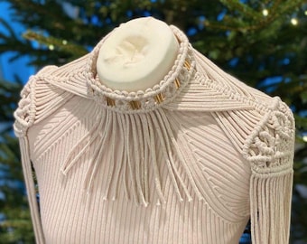 Ecru Macrame Shoulder Harness: Boho Fringe Epaulettes with Gold Thread