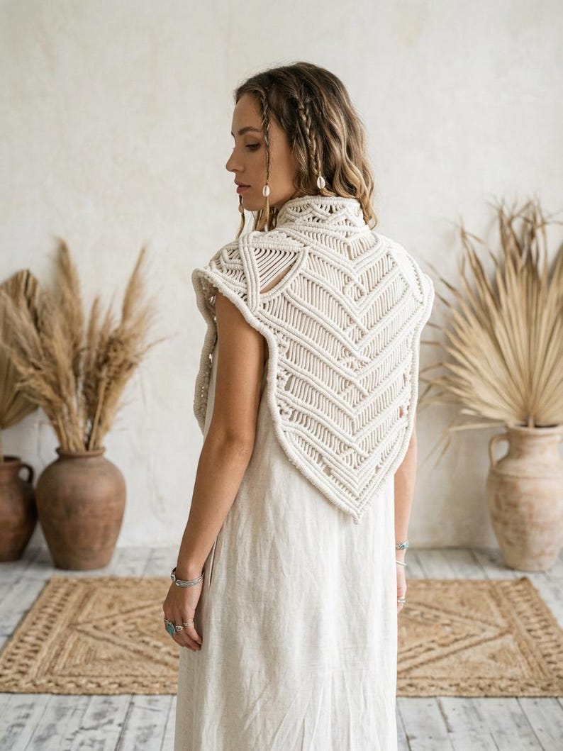 May include: An off-white macram&eacute; vest featuring an intricate chevron pattern and a high collar, worn over a simple, sleeveless, light-colored dress. The vest is crafted from thick, knotted cord and covers the upper back and shoulders.