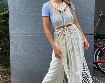 Handmade Macrame Fringe Maxi Dress: White Cotton Boho Gown