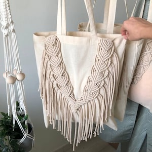 Macrame Decorated Tote Bag | Handmade Boho Cotton Shopper | Eco-Friendly Market Bag | Reusable Tote with Macrame Detail | Boho Gift Idea
