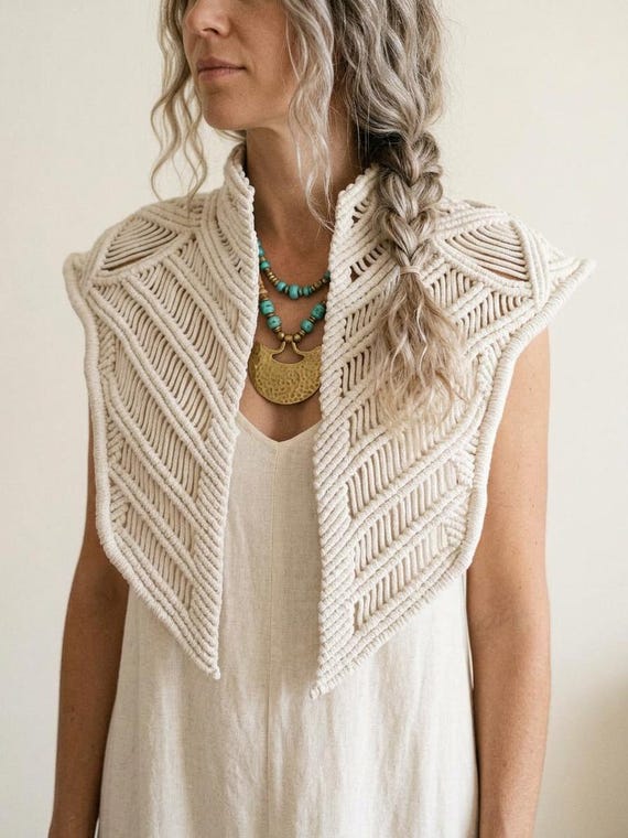 Macrame Cape Collar, Handcrafted Cotton Boho Statement Necklace, Geometric Knotting, Festival Clothing