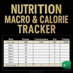 May include: A black graphic with gold text that reads "NUTRITION MACRO & CALORIE TRACKER." Below is a table with columns for Date, Procian, Carbolvodtates, Fats, and Colarisa, with example data.