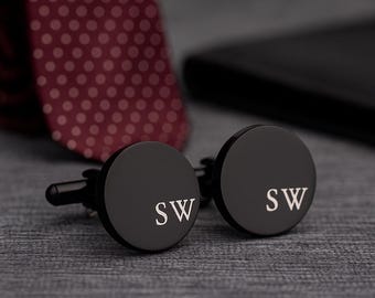 Personalized Black Cufflinks – Custom Initials Wedding Cufflinks – Groomsmen Proposal Gift, Groom Accessory, Engraved Christmas Gift for Him