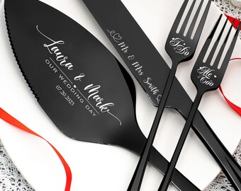 Personalized Wedding Cake Knife and Server: Black with Engraved Names