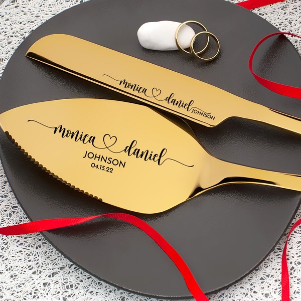 Gold wedding cake cutting set Personalized engraved Server & Knife Set, Classic Cake Cutter Set, Custom Wedding Gift For Couple