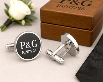 Engraved Metal Cufflinks with Custom Initials & Date – Personalized Wedding Cufflinks – Custom Engraved Box – Groomsmen or Groom Gift