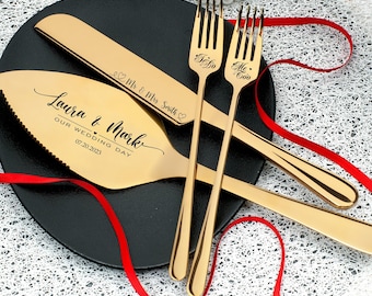 Cake wedding set - engraved cake knife and server with forks Keepsake gift for bride and groom