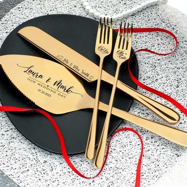 Cake wedding set - engraved cake knife and server with forks Keepsake gift for bride and groom