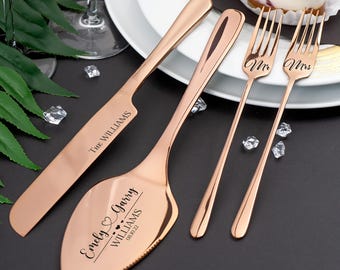 Engraved cake server -  Custom wedding cake server and knife Rose gold Cake knife set Custom forks Unique wedding gift