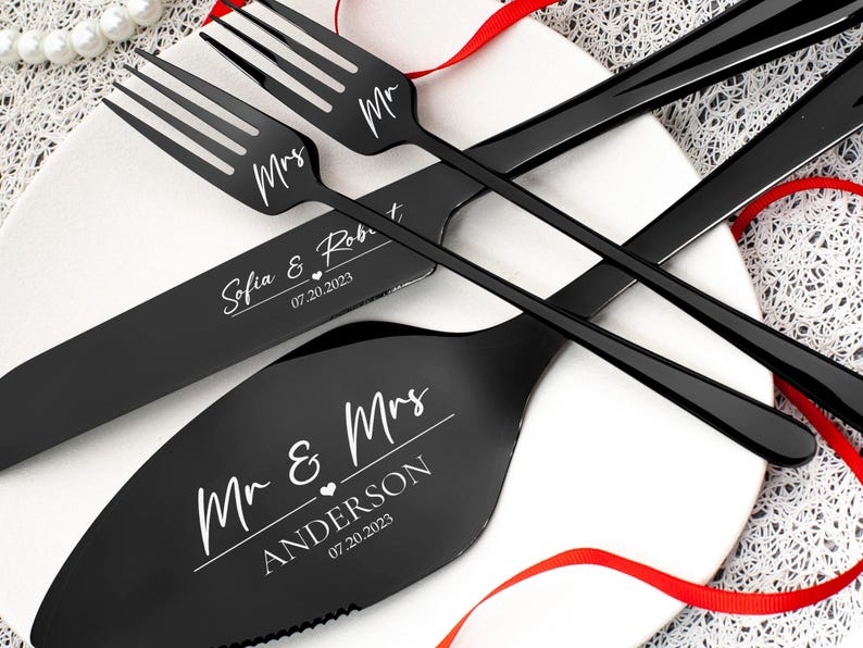 Wedding Cake Cutting Set with Forks Engraved cake server Personalized cake serving set Anniversary gift