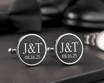 Engraved Wedding Date Cufflinks – Custom Metal Cufflinks for Groom – Personalized Initials – Groomsmen Cufflinks – Custom Engraved Box