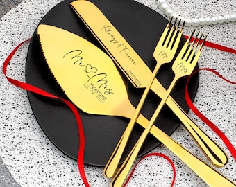 Gold cake knife set - Personalized cake serving set with forks Wedding cake cutter Bridal shower gift