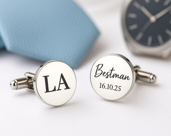 Silver Best Man Proposal Cufflinks – Custom Engraved with Initials and Date, Personalized Wedding Gift, Unique Proposal Idea for Best Man