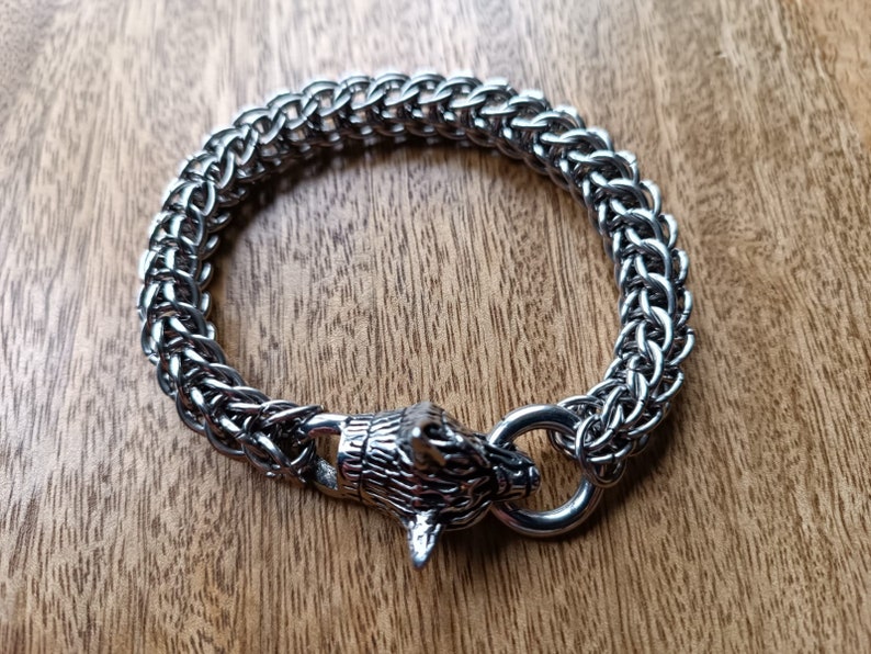 Wolf Head Stainless Steel Cuff Bracelet - Handmade Viking Biker Bracelet, Fenrir & Odin Inspired, Adjustable Size 7 thumbnail image