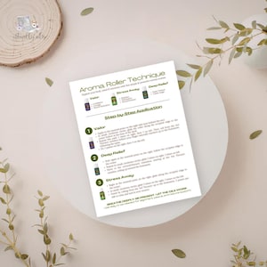 May include: Aroma Roller Technique guide on a white surface. The guide features instructions for Valor, Stress Away, and Deep Relief. The text includes step-by-step application instructions and the phrase "Breathe deeply, be present - let the oils work."