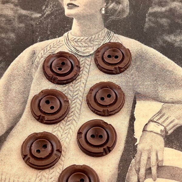 7 vintage brown buttons 23mm 2-hole see through sewing buttons