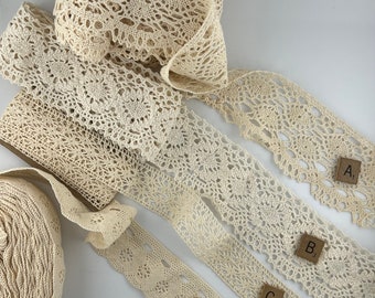 Vintage cotton lace trim - beige off white - edging insertion lace ribbon remnants - Australia