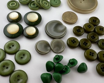 Green vintage button sets - 2-hole & 4-hole sew throughs and self shanks 11mm up to 44mm dress shirt and coat buttons in army green