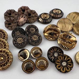 Czech black glass buttons with gold lustre - vintage mid century pressed glass - sold in sets