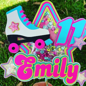 Retro roller skating cake topper, roller skating birthday party, neon theme birthday