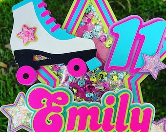 Retro roller skating cake topper, roller skating birthday party, neon theme birthday