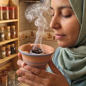 Puede incluir: Un cuenco de terracota para incienso con dos finas rayas azules horizontales en el exterior. El cuenco contiene un disco de carbón encendido que emite una columna de humo blanco. El cuenco se sostiene con ambas manos, mostrando su forma.