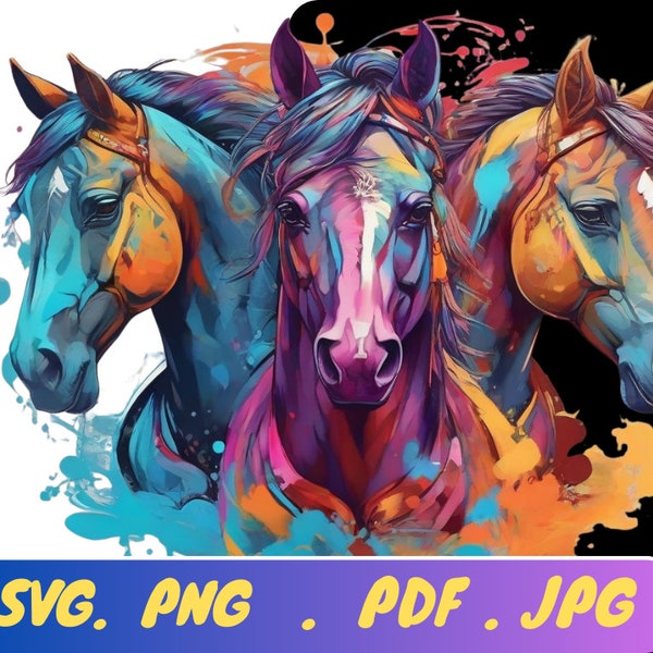 3 horses Png, Sublimation Design, Western, sublimation horse transfer, Digital Downloads watercolour hand drawn. mustang paint pony, horse