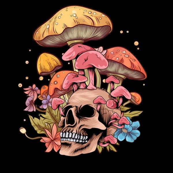 Skull and Mushrooms PNG Digital Download Clip Art