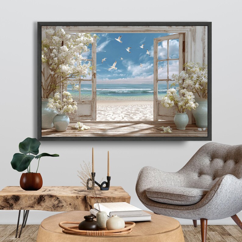 Coastal Window View Canvas, Seaside Beach With Seagulls Wall Art ...