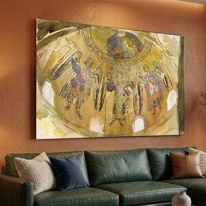 May include: A large, rectangular watercolor painting depicting Byzantine-style figures. The artwork features angels in robes with halos, set against a gold and brown background. The painting is displayed above a green leather sofa.