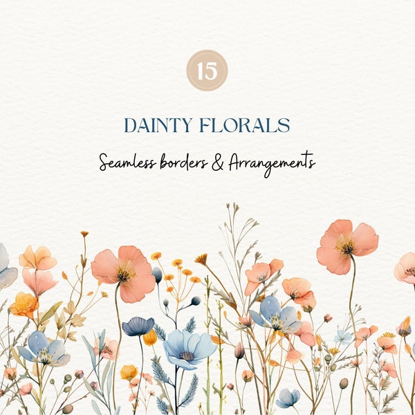 Dainty Florals Border Set | Watercolor Floral Clipart | Wildflowers Wedding Clipart | Vintage Wild Flowers PNG | Meadow Flowers Clipart PNG