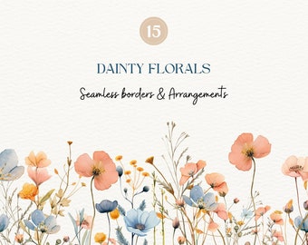 Dainty Florals Border Set | Watercolor Floral Clipart | Wildflowers Wedding Clipart | Vintage Wild Flowers PNG | Meadow Flowers Clipart PNG