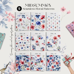 Watercolor Flowers Seamless Pattern Set | Digital Paper Bundle | Blue & Red Wildflowers | Printable Patterns PNG Clipart | Commercial Use