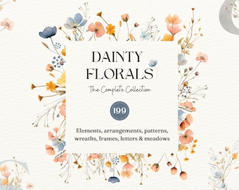 Floral Watercolor Clipart Bundle Floral Borders, Arrangements, Patterns, Frames, Elements, Letters, Vintage Wildflowers PNG Flower Clipart
