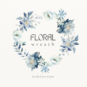 Floral Wreath Clipart | Wedding Clipart | Watercolor Wreath | Botanical Clipart | Dusty Blue Flowers | Botanical Wreath | Digital Download