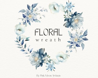 May include: A watercolor illustration of a blue and white floral wreath with the text "FLORAL wreath" and "By Pink Moon Artisan".