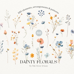 Set aquarel clipart met sierlijke bloemen | DIY Bloemenelementen, Bloemstukken, Bloempatronen | Vintage Wilde Bloemen PNG | Bloemen Clipart