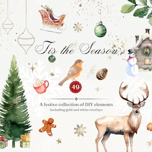 Clipart aquarelle de Noël | Clipart de Noël, Ornement de Noël, Flocon de neige en feuille d’or, Arbre de Noël aquarelle, Clipart animaux d’hiver