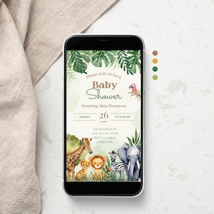Könnte beinhalten: Eine digitale Einladung zu einer Babyparty mit Dschungel-Thema. Die Einladung zeigt einen grünen Hintergrund mit Blättern, einen rosa Tukan, eine Giraffe, einen Löwen, ein Zebra und einen Elefanten. Der Text lautet "Bitte schließen Sie sich uns zu einer Babyparty zu Ehren von Alicia Thompson an Sonntag, 26. März um 11:00 Uhr 123 Anywhere St., Any City, ST 12345 RSVP an Lana unter 0791817326"