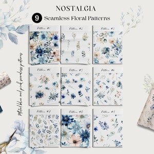 Könnte beinhalten: Neun Aquarell-Blumenmuster in gedeckten Blau- und Rosatönen. Die Muster sind in einem Raster aus drei Reihen und drei Spalten angeordnet. Jedes Muster ist mit einer Nummer von 1 bis 9 gekennzeichnet.