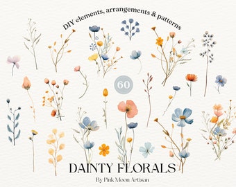 Dainty Florals Watercolor Clipart Set | DIY Floral Elements, Flower Arrangements, Floral Pattern | Vintage Wildflowers PNG | Flowers Clipart