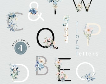 Floral Alphabet | Watercolor Floral Alphabet | 4 Colors | Floral Initials | Floral Letter | Flower Lettering | Alphabet Clipart | Floral PNG