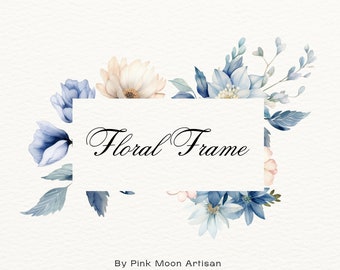 Watercolor Floral Frame | Frame Clipart | Wedding Frame Clipart | Pink & Blue Flowers PNG | Floral Clipart | PNG with Transparent Background
