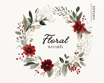 Vintage Floral Wreath | Wreath Clipart | Wedding Invite Clipart | Romantic Red Flowers | Botanical Wreath | PNG with Transparent Background