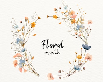 Watercolor Floral Wreath | Wreath Clipart | Wedding Clipart | Pink & Blue Flowers | Botanical Wreath | PNG File with Transparent Background