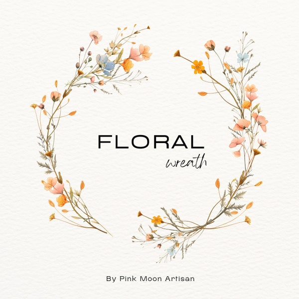 Watercolor Floral Wreath | Wreath Clipart | Wedding Clipart | Pink & Blue Flowers | Botanical Wreath | PNG File with Transparent Background