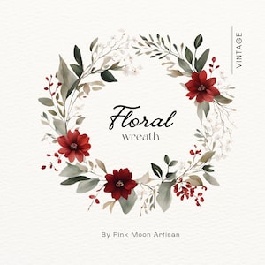 couronne florale vintage | Couronne Clipart | Invitation de mariage Clipart | Fleurs rouges romantiques | Couronne botanique | PNG avec fond transparent