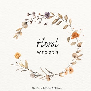 Könnte beinhalten: Ein Aquarell-Blumenkranz mit braunen, orangefarbenen und violetten Blüten. Der Kranz befindet sich auf einem weißen Hintergrund und trägt den Text "Floral wreath" und "By Pink Moon Artisan" darunter.