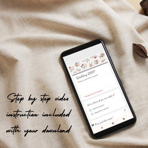 May include: A smartphone screen displaying a wedding RSVP form with a floral design. The form asks guests to RSVP by August 1st and includes a question about whether they can make it to the wedding. The form also includes a field for the guest's first and last name.