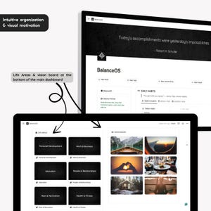 May include: A computer screen displaying a website with a dark background and the text "BalanceOS". The website has a section for "Life Areas" with categories like "Personal Development", "Work & Business", "Education", "People & Relationships", "Rest & Recreation", and "Health & Fitness". There is also a section for a "Vision Board" with images of a boat on a lake, a sunset, a heart made with hands, a table with food, a cabin in the woods, and a person meditating.